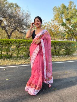 Odette - Pink Organza Embroidered Saree with Unstitched Blouse