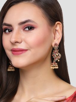 Karatcart - Gold Plated Peacock Shape Maroon Kundan Dangler Jhumki Earrings for Women