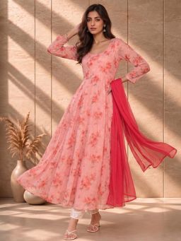 AADVIKA - Women Pink Floral Printed Anarkali Kurta with Dupatta