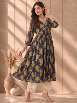 AADVIKA - Women Navy Blue Floral Printed V- Neck Empire Kurta