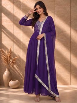AADVIKA - Women Purple V Neck With Thread Embroidered Anarkali Kurta With Dupatta