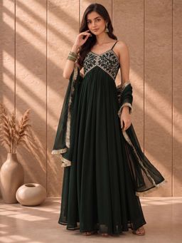 AADVIKA - Women Green Embroidered Long Anarkali Kurta With Dupatta