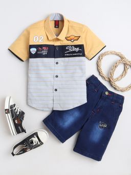 FOURFOLDS - Boys Mustard Shirt and Denim Shorts (Set of 2)