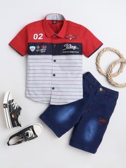 FOURFOLDS - Boys Red Shirt and Denim Shorts (Set of 2)