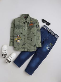FOURFOLDS - Boys Green Shirt and Jeans (Set of 2)