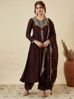 Colors Of Earth - Women'S Silk Embroidered Maroon Anarkali and Palazzo with Dupatta