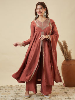 Colors Of Earth - Women'S Silk Embroidered Brown Anarkali and Palazzo with Dupatta