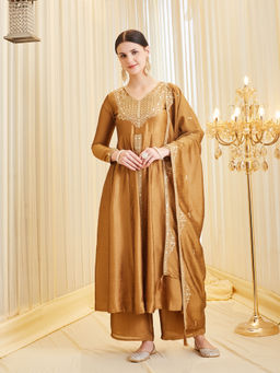 Colors Of Earth - Women'S Silk Embroidered Gold Anarkali and Palazzo with Dupatta