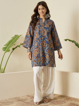 InWeave - Women's Cotton Floral Indigo Kurti And Pant