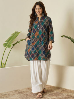 InWeave - Women's Rayon Geometric Blue Kurti And Pant