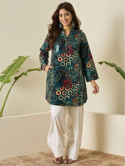 InWeave - Women's Rayon Printed Teal Kurti And Pant