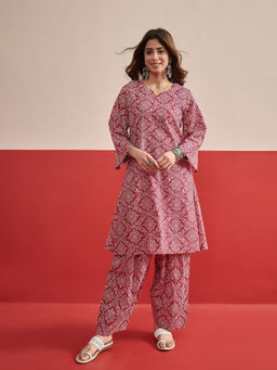 InWeave - Women Cotton Printed Pink Co-Ord Set