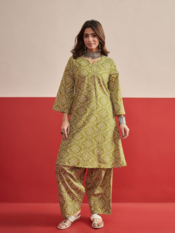 InWeave - Women's Cotton Printed Olive Co-Ord Set