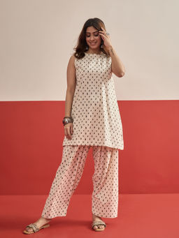 InWeave - Women Cotton Printed Cream Co-Ord Set