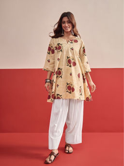 InWeave - Women's Cotton Floral Beige Kurti And Pant