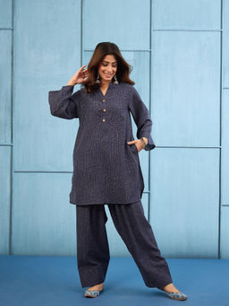 InWeave - Women Linen Printed Blue Co-Ord Set