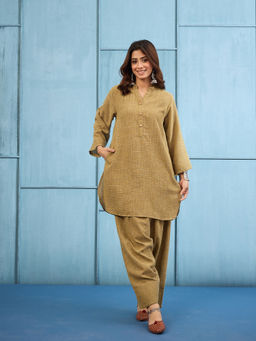 InWeave - Women's Linen Printed Olive Co-Ord Set