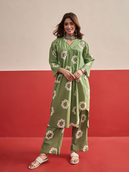 InWeave - Women's Cotton Printed Green Co-Ord Set