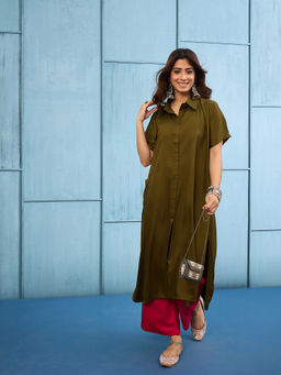 InWeave - Women's Rayon Solid Green Kurta And Palazzo
