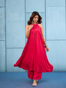 InWeave - Women's Rayon Solid Pink Kurta And Palazzo