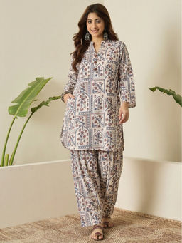 InWeave - Women's Viscose Rayon Floral Cream Co-Ord Set