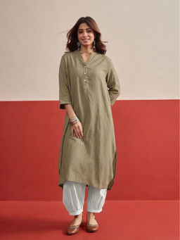 InWeave - Women's Viscose Rayon Stripes Olive Kurta And Salwar