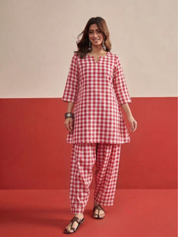 InWeave - Women Cotton Checks Pink Co-Ord Set