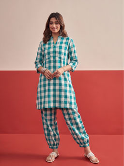 InWeave - Women's Cotton Checks Blue Co-Ord Set