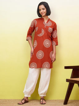 InWeave - Women's Cotton Printed Rust Kurta And Salwar