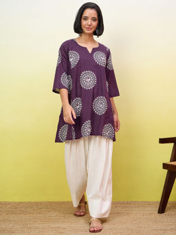 InWeave - Women's Cotton Printed Purple Kurti And Pant