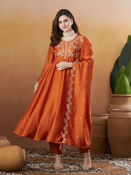 Colors Of Earth - Women'S Silk Embroidered Orange Anarkali and Pant with Dupatta