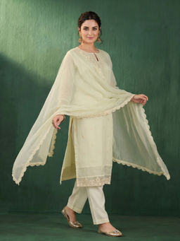 AVANSHEE - Women's Chanderi Embroidered Off White Kurta And Pant With Dupatta