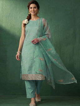 AVANSHEE - Women's Chanderi Embroidered Blue Kurta And Pant With Dupatta