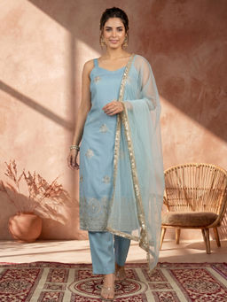 AVANSHEE - Women's Silk Blend Embroidered Blue Kurta And Pant With Dupatta