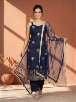 AVANSHEE - Women's Silk Blend Embroidered Navy Blue Kurta And Pant With Dupatta