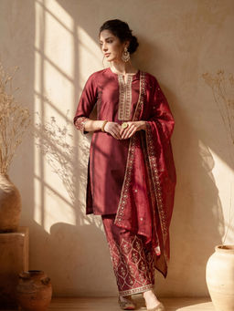 AVANSHEE - Women's Embroidered Maroon Kurta And Pant With Dupatta