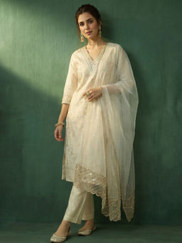 AVANSHEE - Women's Chanderi Floral Off White Kurta And Pant With Dupatta