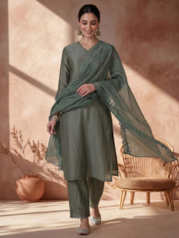AVANSHEE - Women's Silk Blend Solid Olive Kurta And Pant With Dupatta