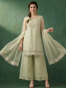 AVANSHEE - Women's Organza Embroidered Green Kurta And Palazzo With Dupatta