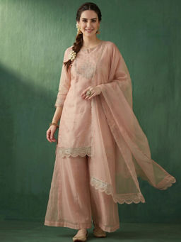 AVANSHEE - Women's Organza Embroidered Pink Kurta And Palazzo With Dupatta