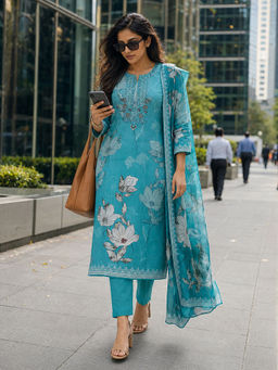 BERRYLICIOUS - Women's Cotton Floral Blue Kurta And Pant With Dupatta