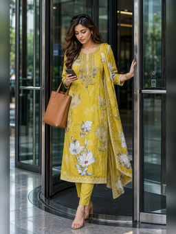 BERRYLICIOUS - Women's Cotton Floral Yellow Kurta And Pant With Dupatta