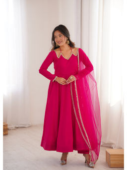 THE52 - Women'S Chanderi Solid Pink Anarkali and Pant with Dupatta