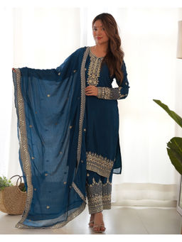 THE52 - Women'S Chiffon Embroidered Blue Kurta and Pant with Dupatta