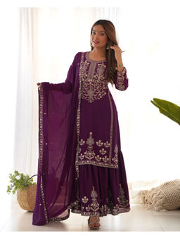 THE52 - Women'S Chiffon Embroidered Purple Kurta and Sharara with Dupatta