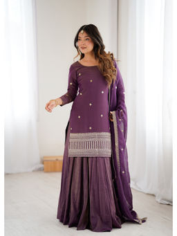THE52 - Women'S Chanderi Silk Embroidered Purple Kurta and Lahenga with Dupatta