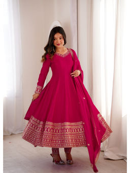 THE52 - Women Silk Blend Embroidered Pink Anarkali and Pant with Dupatta