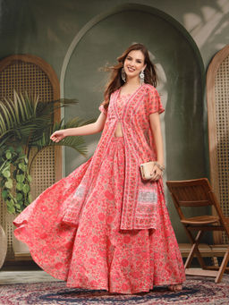 COTLAND FASHION - Women'S Cotton Floral Pink Jacket and Blouse with Skirt