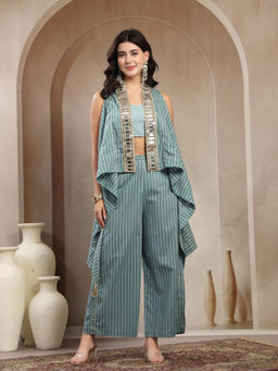 COTLAND FASHION - Women'S Cotton Stripes Teal Co-Ord Set