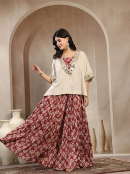 COTLAND FASHION - Women'S Cotton Printed Burgundy Kaftan and Crop Top with Skirt